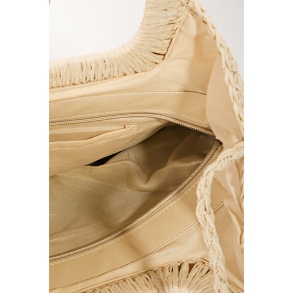 SOLD OUT Three Tone Striped Square Wood Handle Woven Braided Straw Tote Bag - Picture 5 of 5